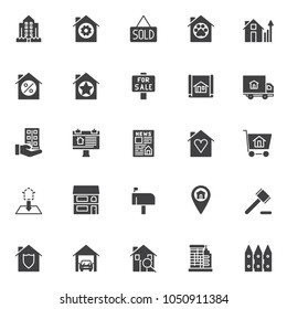 Real estate vector icons set, modern solid symbol collection, filled style pictogram pack. Signs, logo illustration. Set includes icons as building and fence, sold house, for sale signboard, billboard