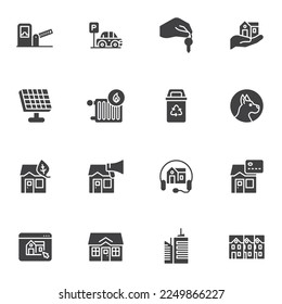 Juego de iconos vectoriales inmobiliarios, colección moderna de símbolos sólidos, paquete de pictogramas estilo relleno. Ilustración del logotipo de los carteles. Set incluye iconos como mano con llave, edificio de oficinas, casa, reserva en línea, aparcamiento