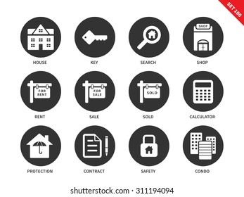 Real Estate Vector Icons Set. Immovable Property Concept. Icons For Banners And Ads, House, Key, Search, Rent, Sale, Sold, Contract, Condo, Safety. Isolated On White Background 