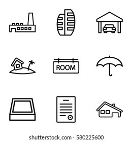 Real Estate vector icons. Set of 9 Real Estate outline icons such as house building, room tag, umbrella, builidng, factory, square plant pot, garage, home on island