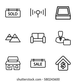 Real Estate vector icons. Set of 9 Real Estate outline icons such as house building, buying a house, sold tag, sale tag, square plant pot, mountain