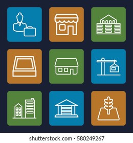 Real Estate vector icons. Set of 9 Real Estate outline icons such as house building, tree, shop, building, garage, construction crane, square plant pot