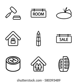 Real Estate vector icons. Set of 9 Real Estate outline icons such as lock home, family home, sale tag, room tag, pond, builidng, hospital