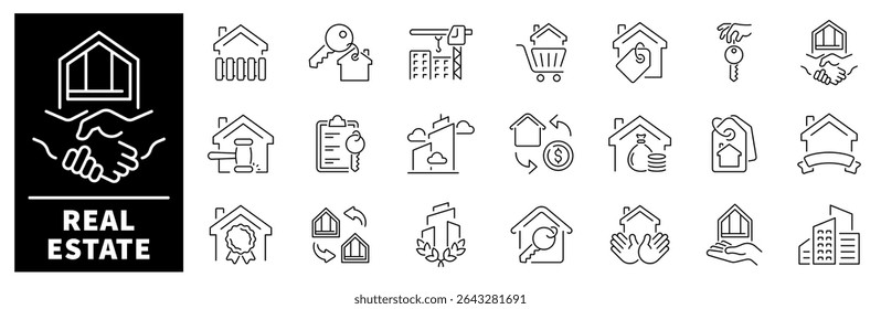 Real estate vector icons. Thin line icons related to real estate and property. Real estate vector icons in line style