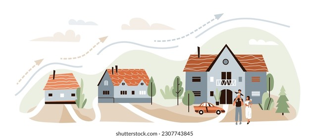 Real estate vector illustration. Concept of increase in living space step by step for family. Growth infographic banner background with arrow, people, house.
