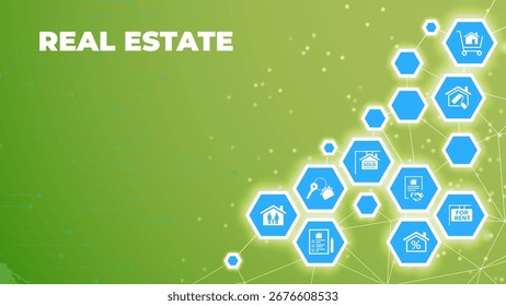 Immobilien, Vektorgrafik. Konzept mit verbundenen Symbolen im Zusammenhang mit Verkauf und Listings von Immobilien, Immobilienagentur und Bauunternehmer, Wohnimmobilien, Investitionen, Wohnungsprojekt.