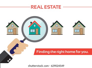 Real estate vector illustration. Find your dream house depicted through magnifying glass.