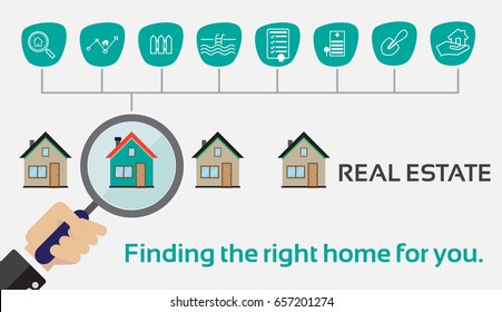 Real estate vector illustration. Find your dream house depicted through magnifying glass. Banner with line icons for property features. 