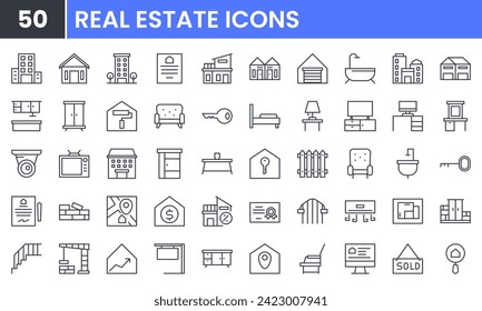 Real Estate vector line icon set. Contains linear outline icons like Home, Office, Building, Rent, Property, Bedroom, Elevator, Key, Mortgage, Residential, Bathroom, Map. Editable use and stroke.