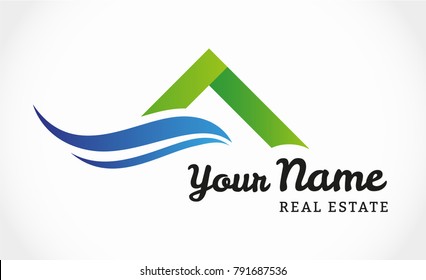 Real Estate Vector Logo - Abstract Eco House Green Roof With Blue Wave For Business.