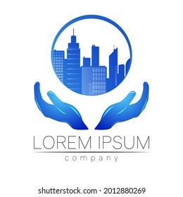 Logotipo de vectores inmobiliarios con iconos de la ciudad y el Skyline. Ilustración para el símbolo de diseño de concepto de identidad de empresa de marca