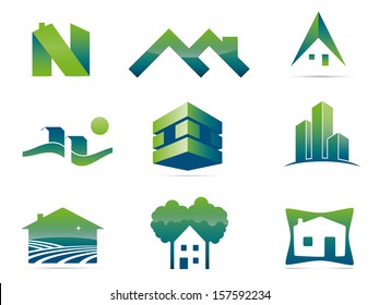 Real Estate Vector Logo Design Elements. Set of nine stylish realty and construction symbols, easily editable with global color swatches.