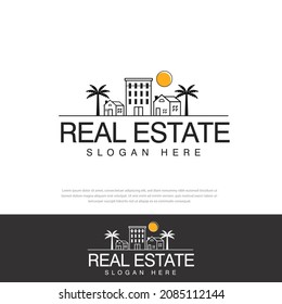 Real estate vector logo design, cute house with lines, sun, coconut trees, beach, unique and relaxing, templates, icons, symbols, illustrations