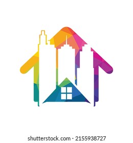 Diseño del logotipo vectorial inmobiliario. Plantilla de diseño del logotipo del vector de construcción y del hogar. Logo de la finca con rascacielos, diseño de la casa o el logo de la casa.	