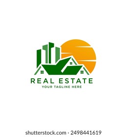 real estate vector logo design with home and sun shape