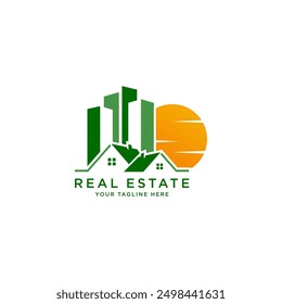 real estate vector logo design with home and sun shape