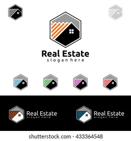 Real estate vector logo design, simple hexagon realty with line and roof represented strong and modern real estate