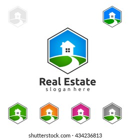 Real estate vector logo design, simple hexagon realty with line and home represented strong , sweet home and modern real estate