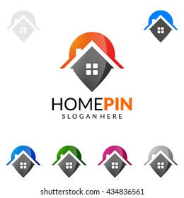 Real estate vector logo design, simple realty with pin and house represented strong, location,searching and modern real estate