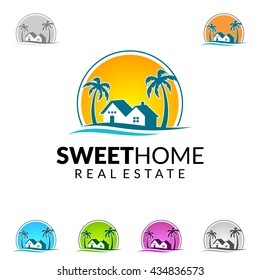 Real Estate Vector Logo Design, Sweet Home Realty With Line, Sun, Coconut Tree, Palm , Beach, And Roof Represented Fun, Unique And Relax Realty