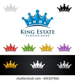 real estate vector logo design, abstract realty with line and crown shape represented strong and the king of real estate logo design