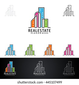 real estate vector logo design, abstract building with line shape represented strong and modern real estate logo design