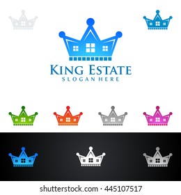 real estate vector logo design, abstract realty with line and crown shape represented strong and the king of real estate logo design