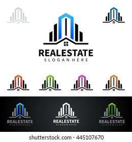 real estate vector logo design, abstract building with line shape realty represented strong real estate logo design