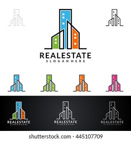 real estate vector logo design, abstract building with line shape represented strong and modern real estate logo design
