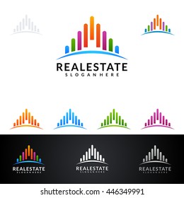 real estate vector logo design, abstract building with colorful line shape represented unique, strong and modern real estate logo design