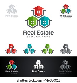 real estate vector logo design, colorful abstract three home with hexagon line shape represented unique, strong and modern real estate logo design