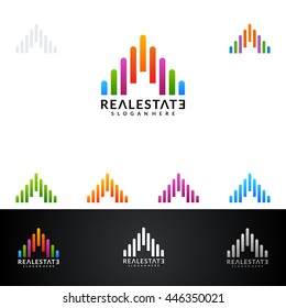 real estate vector logo design, abstract building with colorful line shape represented unique, strong and modern real estate logo design