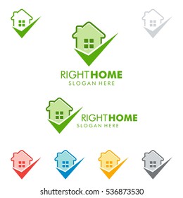 Real estate vector logo design with home and check illustration