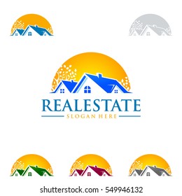 real estate vector logo design with home and sun shape