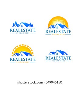 real estate vector logo design with home and sun shape