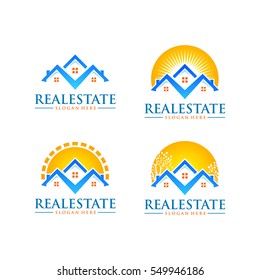 real estate vector logo design with home and sun shape