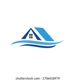 Real estate vector logo. Home with window and chimney, simple house symbol, skyscrapers or arrows on the square background - realty, building, city and megalopolis icons.