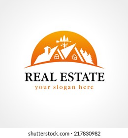 Real estate vector logo. House for sale sign. Estate agency sign, building, lease house, invest or landscape business. Country house brand creative symbol. Isolated abstract graphic design template.