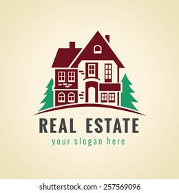 Real Estate Vector Logo. House For Sale Sign. Estate Agency Sign, Building, Lease House, Invest Or Landscape Business. Country House Brand Creative Symbol. Isolated Abstract Graphic Design Template.