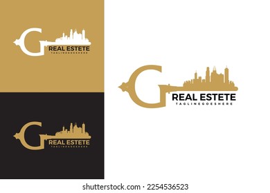Real estate vector logo. Vector Logo Letter G Key, House, Apartment, Residence, Building, Real Estate etc. Logo in the form of a key with a building or house.