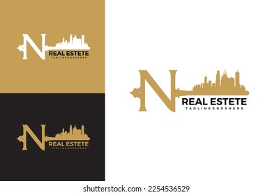 Real estate vector logo. Vector Logo Letter N Key, House, Apartment, Residence, Building, Real Estate etc. Logo in the form of a key with a building or house.