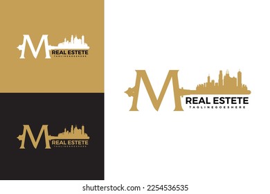 Real estate vector logo. Vector Logo Letter M Key, House, Apartment, Residence, Building, Real Estate etc. Logo in the form of a key with a building or house.