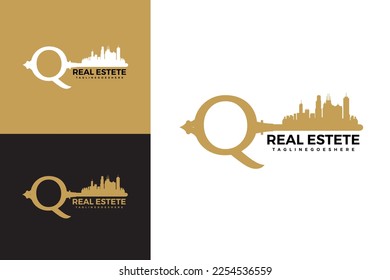 Real estate vector logo. Vector Logo Letter Q Key, House, Apartment, Residence, Building, Real Estate etc. Logo in the form of a key with a building or house.