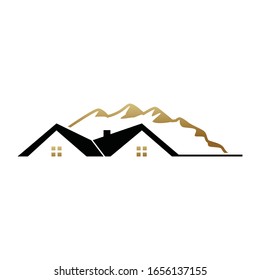 Logo der Vektorillustration von Immobilien mit Bergen dahinter