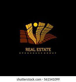 Real Estate vector logo on black background. House abstract concept icon