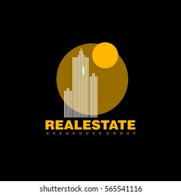 Logo vectorial inmobiliario sobre fondo negro. Icono de concepto abstracto de la casa