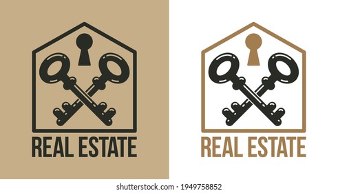 Logotipo vectorial inmobiliario, emblema de agencia de bienes raíces, identidad empresarial de símbolo llave en mano, casa en venta o alquiler, tema de propiedad inmobiliaria.