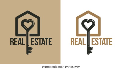 Real Estate Vector Logo, Realty Agency Emblem, Turnkey Symbol Business Identity, House For Sale Or Rent, Real Property Theme.