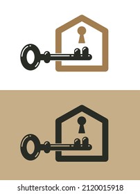 Real estate vector logo, realty agency emblem, turnkey symbol business identity, house for sale or rent, real property theme.