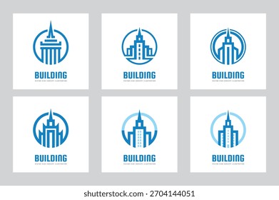 Bienes raíces - diseño de concepto de conjunto de logotipo de Vector. Colección de letrero de icono de edificios modernos. Ilustración creativa. Ciudad Abstractas.	